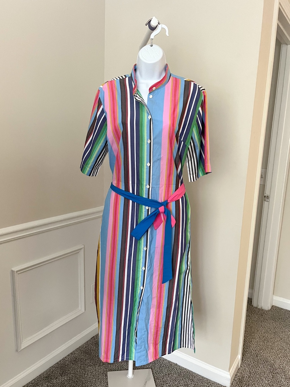 Mii Cotton Striped Button Down Midi Shirt Dress Tie Belt Short Sleeve Women’s 8